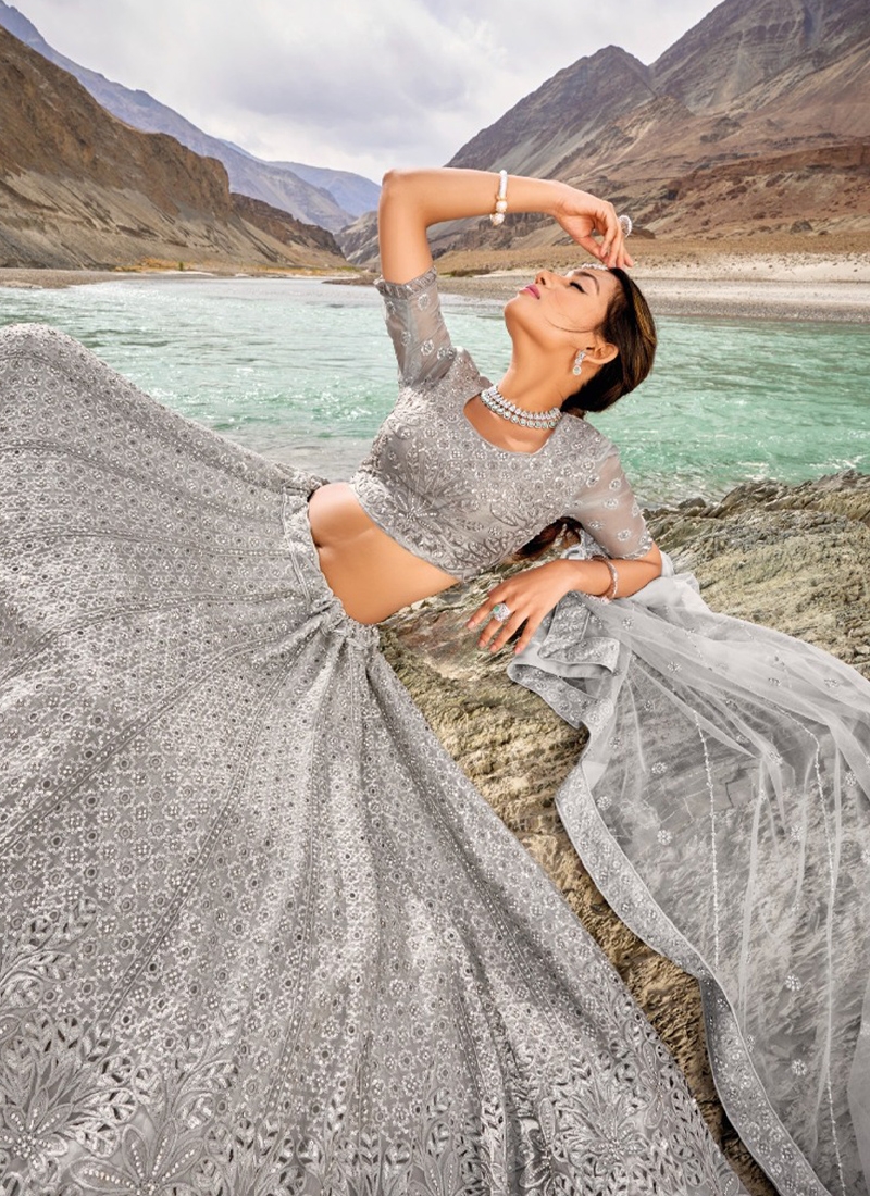 Amazing sequin net lehenga with mirror wok in slate grey