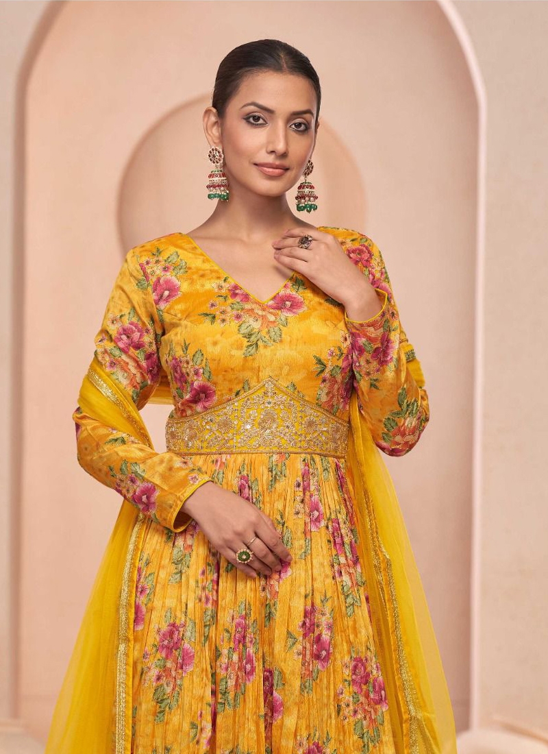 New floral digital printed anarkali suit set in yellow