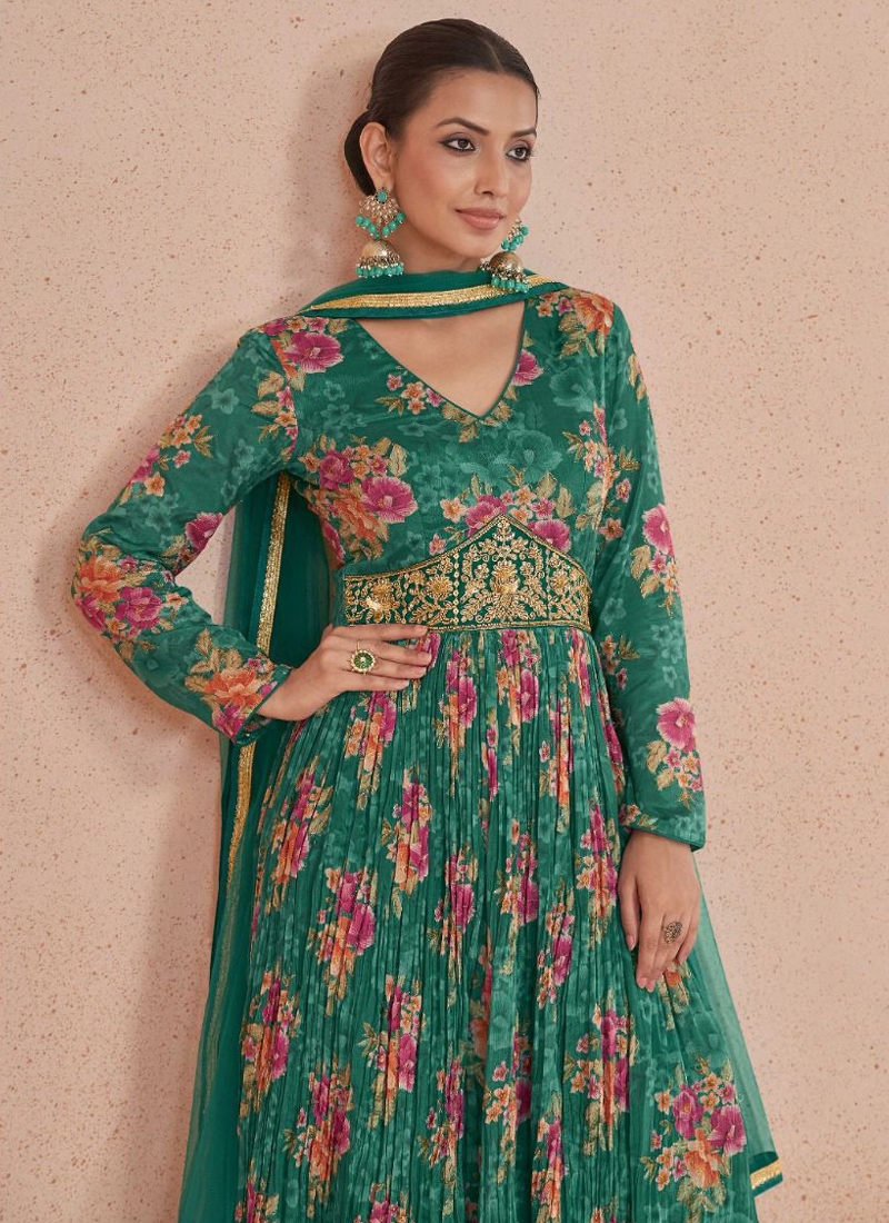 New floral digital printed anarkali suit set in green