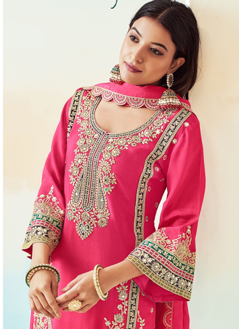 Modern Chinon palazzo set with heavy embroidery in pink