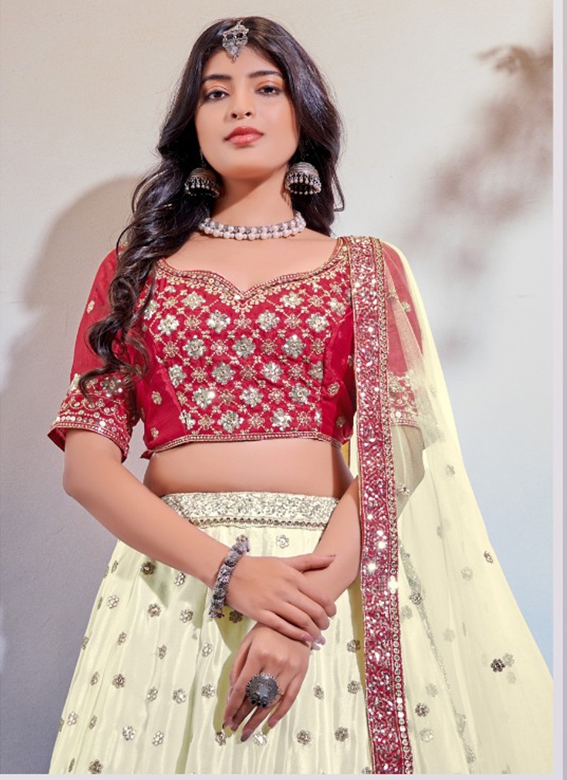 Chinon lehenga choli with butterfly dupatta in red