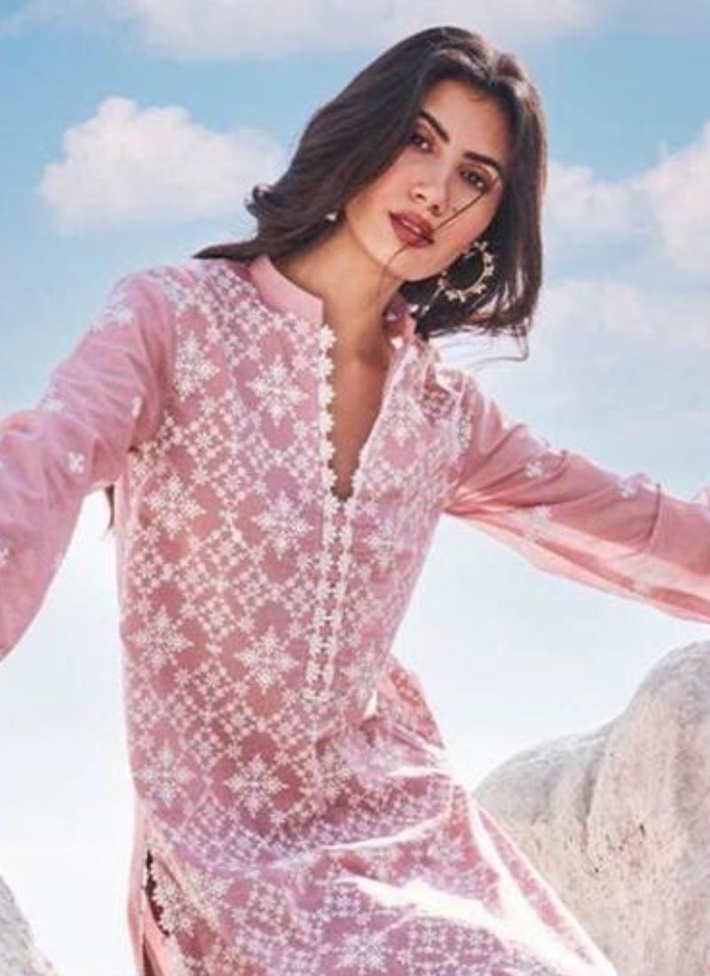 Exquisite cotton pant suit with mirror work in pink