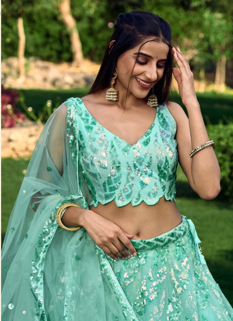 Heavy embroidered bridal lehenga in sky blue