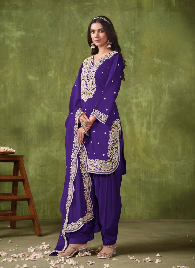 New patiala style chanderi silk salwar suit in purple