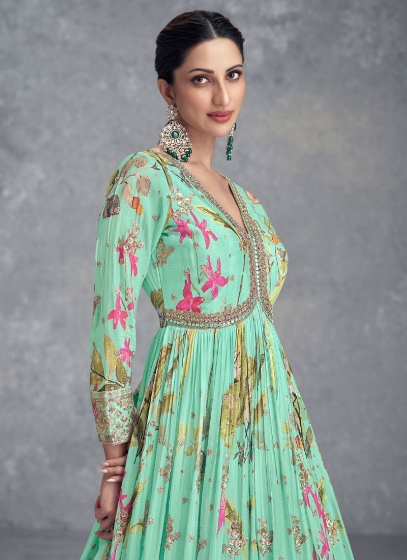 Beautiful digital printed anarkali suit in light green