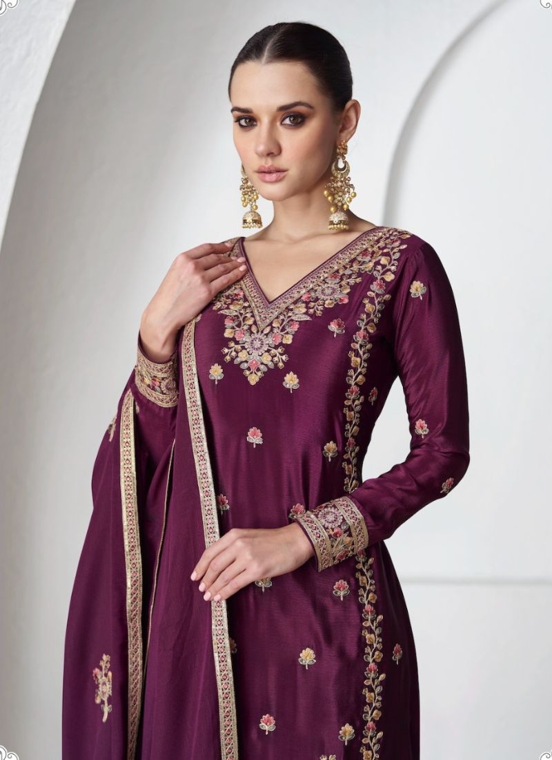 Premium chinon palazzo suit set in wine