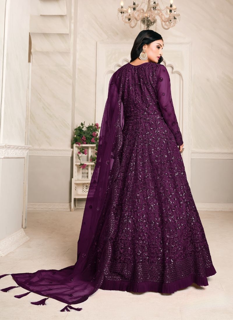 Classic net embroidered gown with dupatta in wine