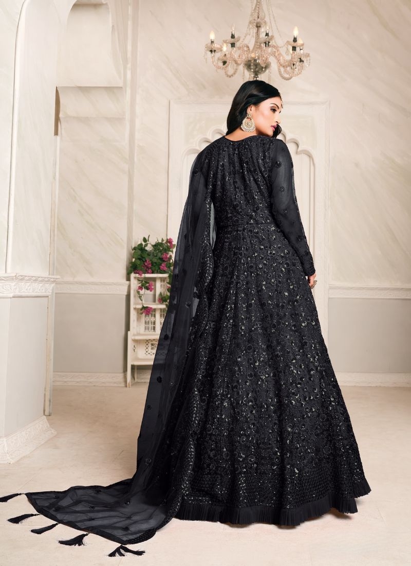 Classic net embroidered gown with dupatta in black