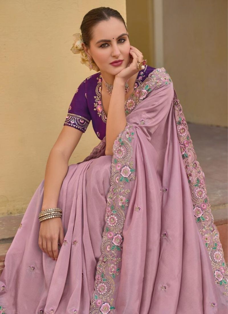 Beautiful organza silk saree with cut work in border in lavender