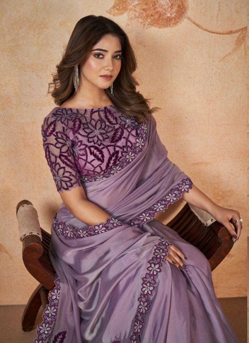 Beautiful crepe satin silk saree with cord embroidered in light purple