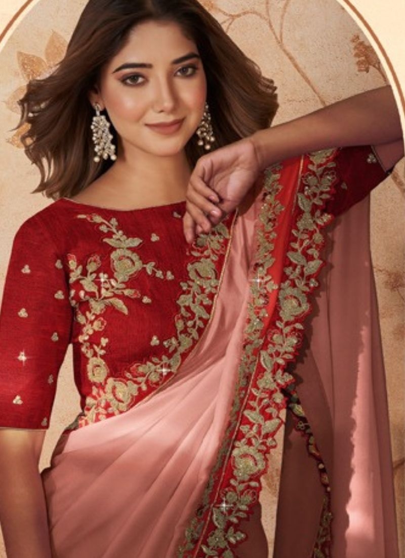 Beautiful satin silk georgette saree with retham in peach pink