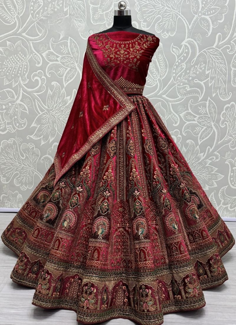 Designer soft velvet bridal lehenga in red