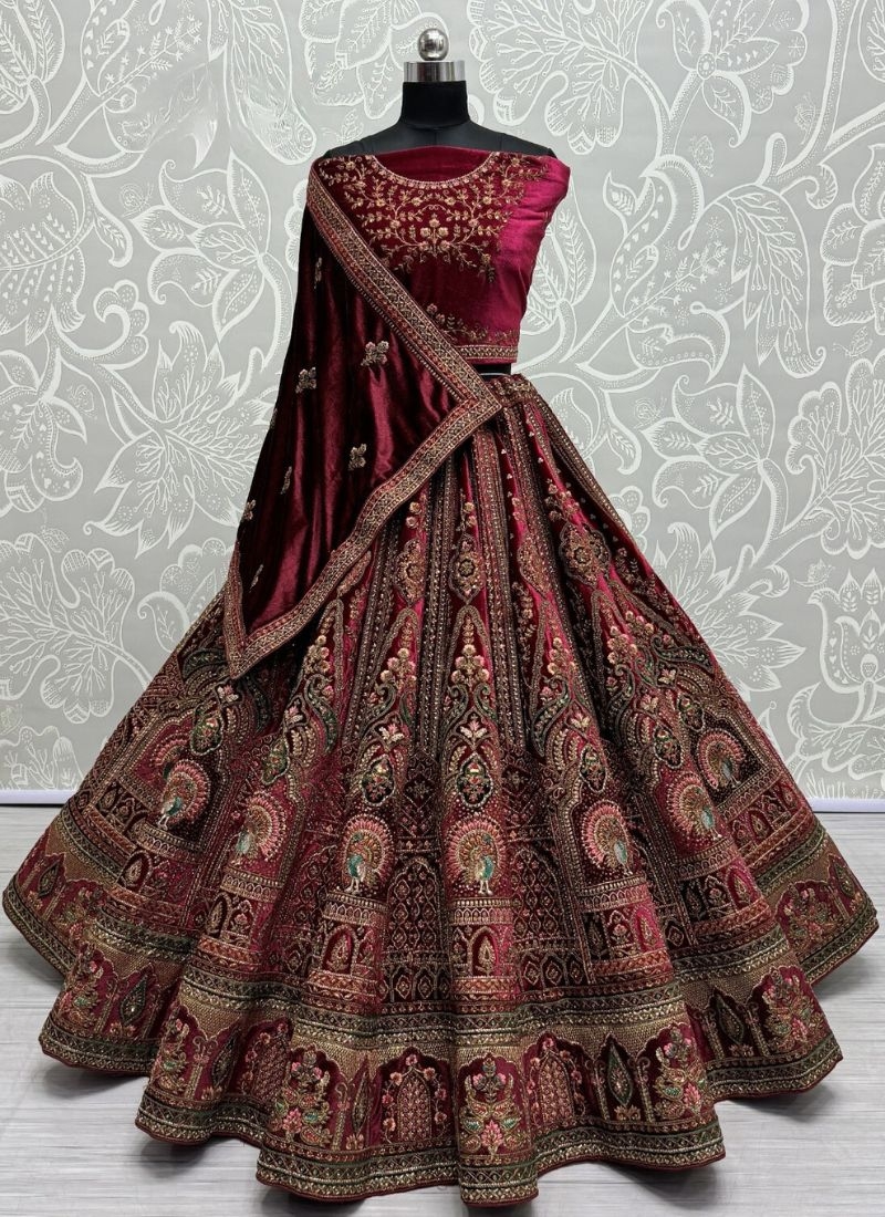 Designer soft velvet bridal lehenga choli with mirror work in maroon