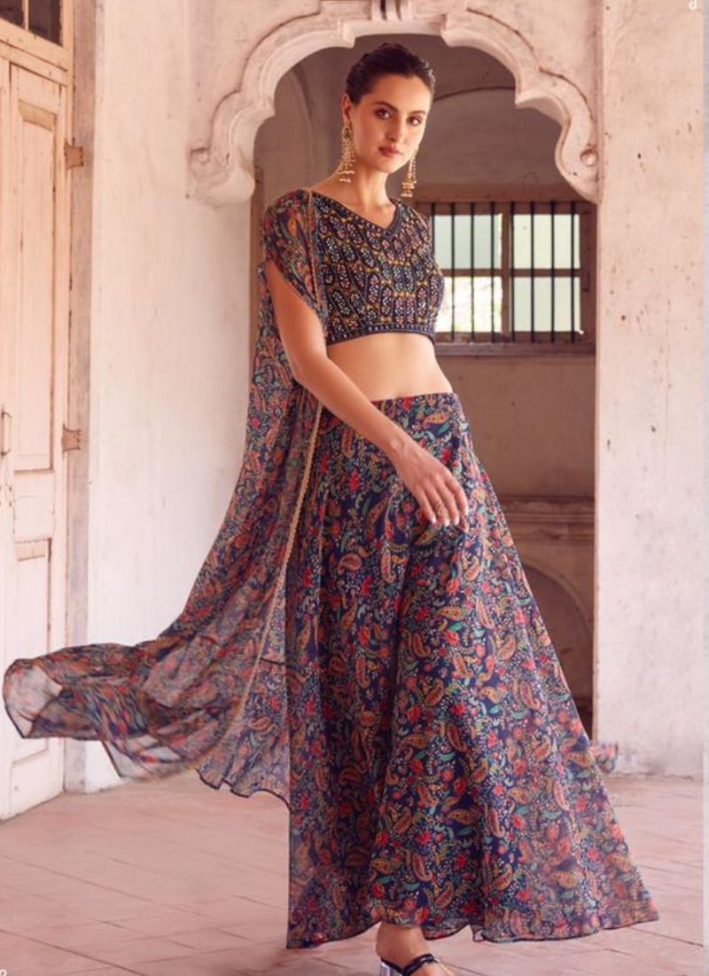 Designer georgette sharara and choli with hand embellishment in dark blue