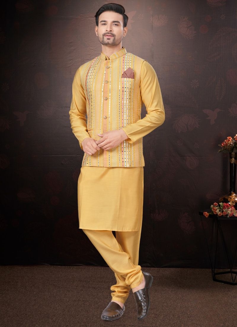 Pure silk kurta pajamas with embroidered jacket in yellow