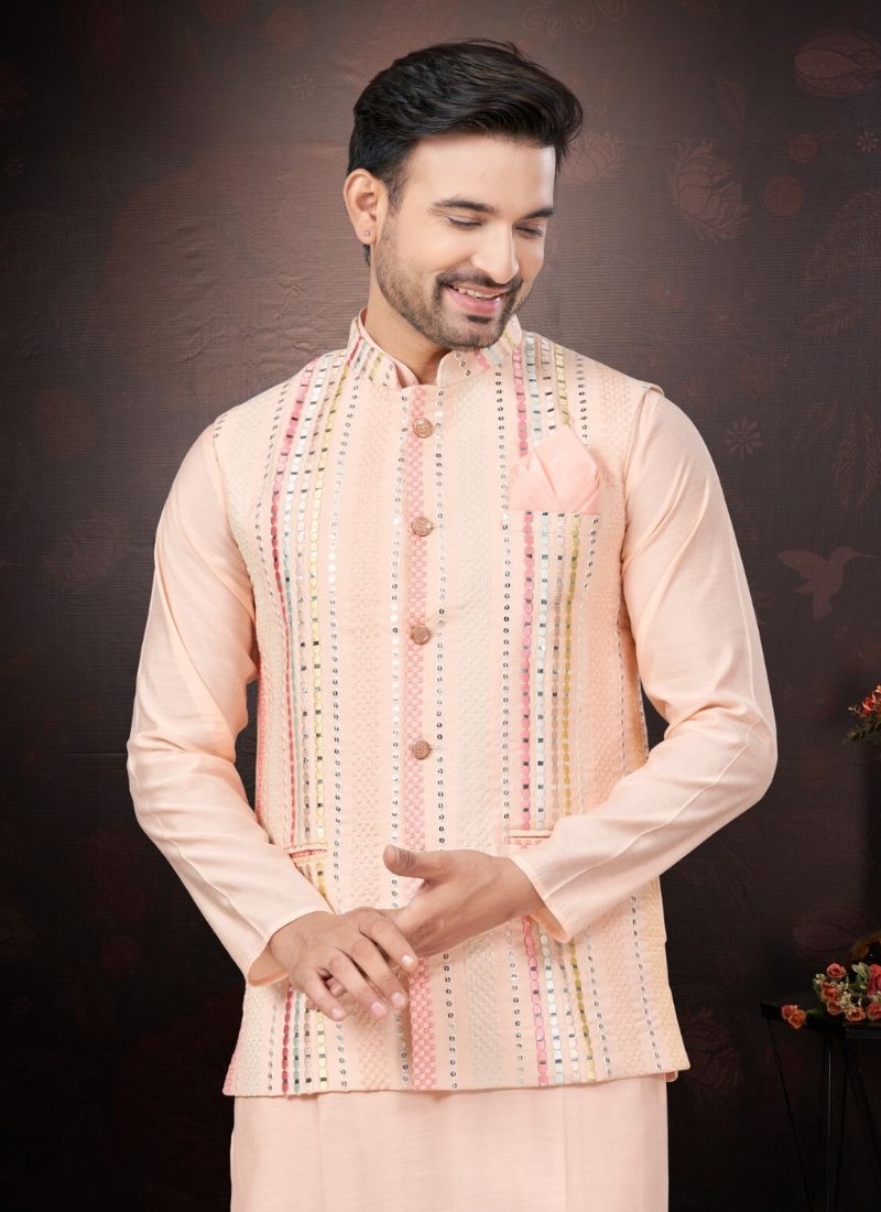 Pure silk kurta pajamas with embroidered jacket in peach