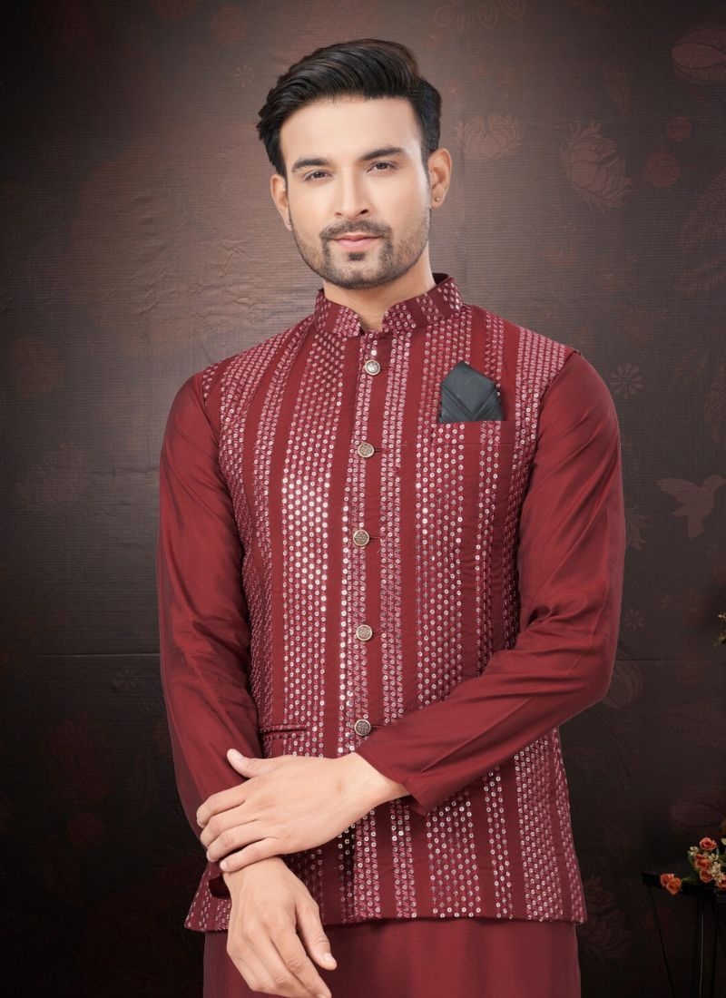 Pure silk kurta pajamas with embroidered jacket in maroon