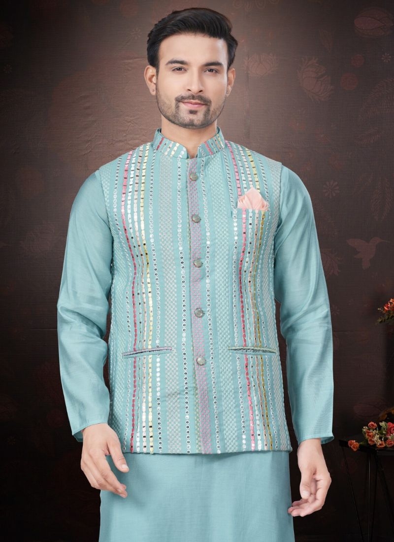 Pure silk kurta pajamas with embroidered jacket in sky blue