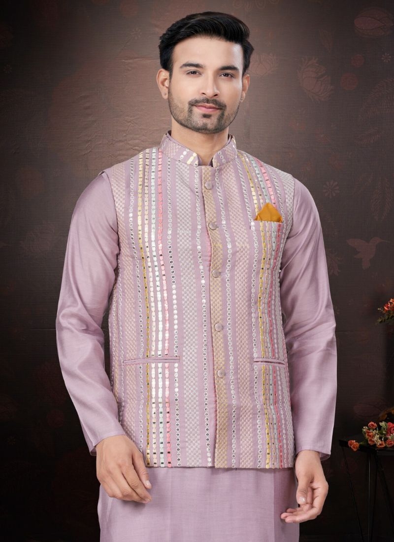 Pure silk kurta pajamas with embroidered jacket in purple