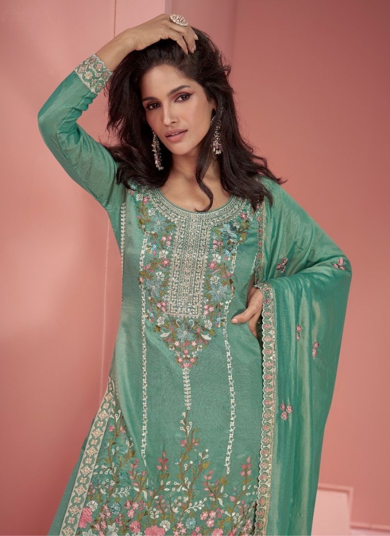 Exquisite heavy embroidered palazzo suit in green