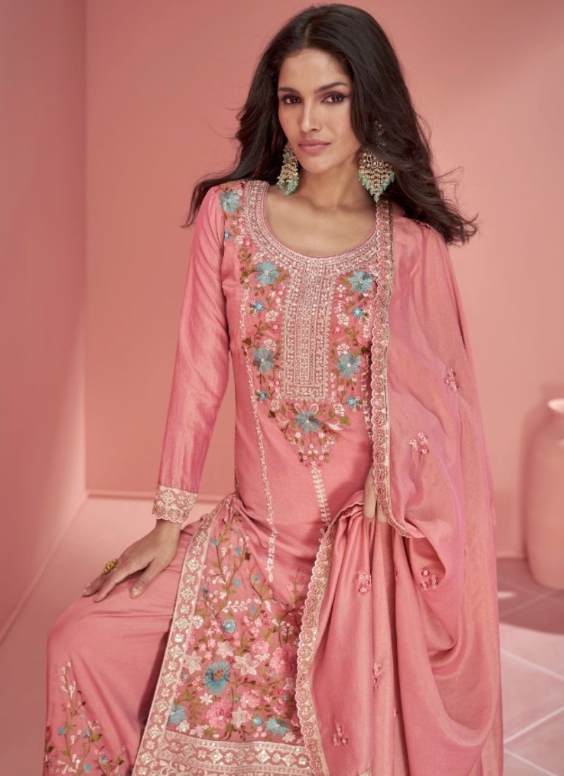 Exquisite heavy embroidered palazzo suit in pink