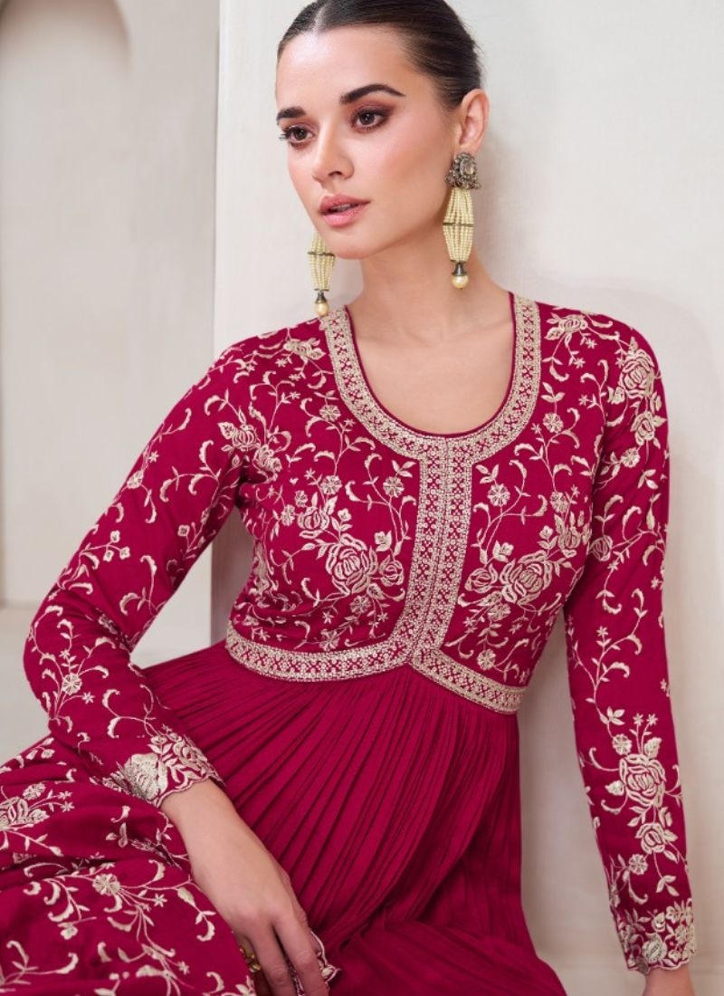 Stunning silk embroidered gown with printed dupatta in red