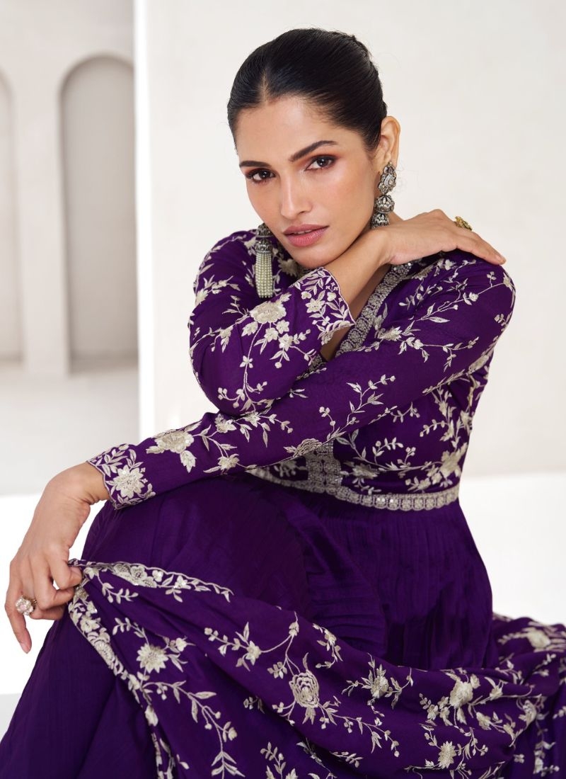 Stunning silk embroidered gown with printed dupatta in purple