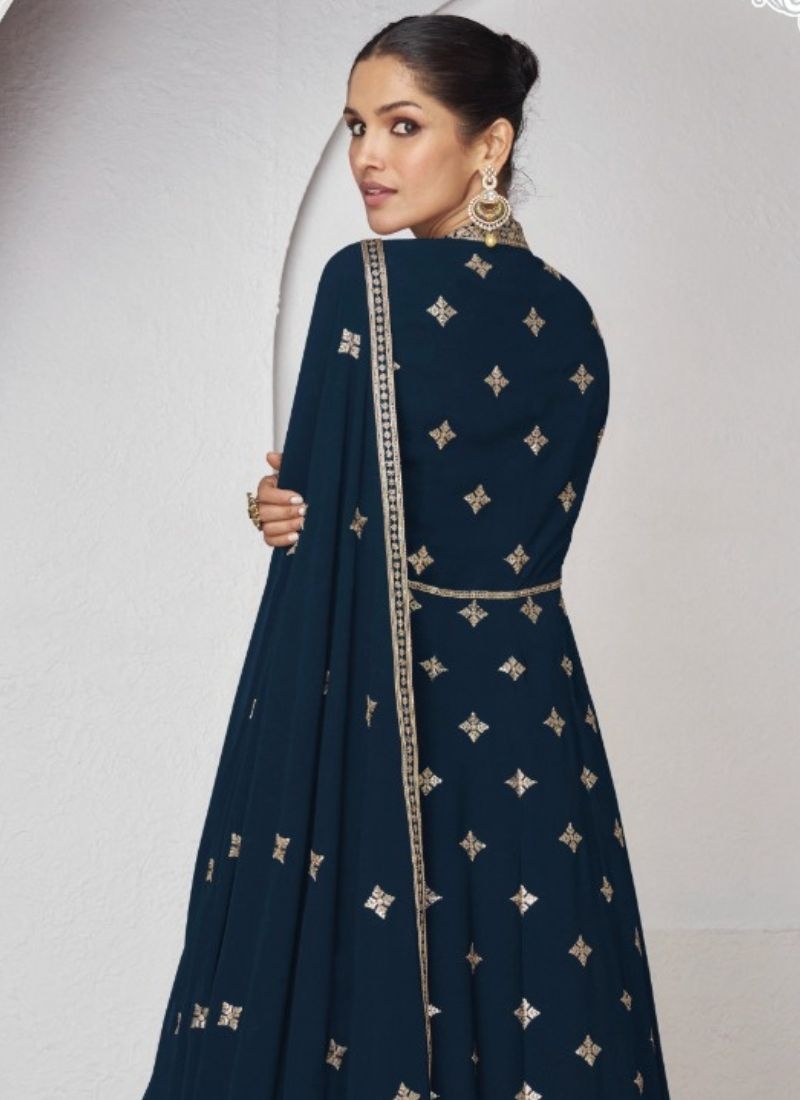 Premium georgette anarkali suit with thread embroidery in dark blue