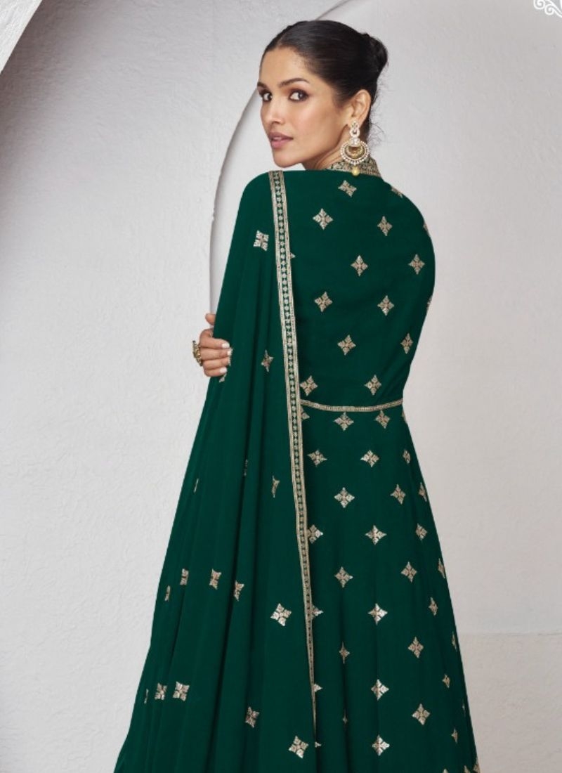 Premium georgette anarkali suit with thread embroidery in dark green