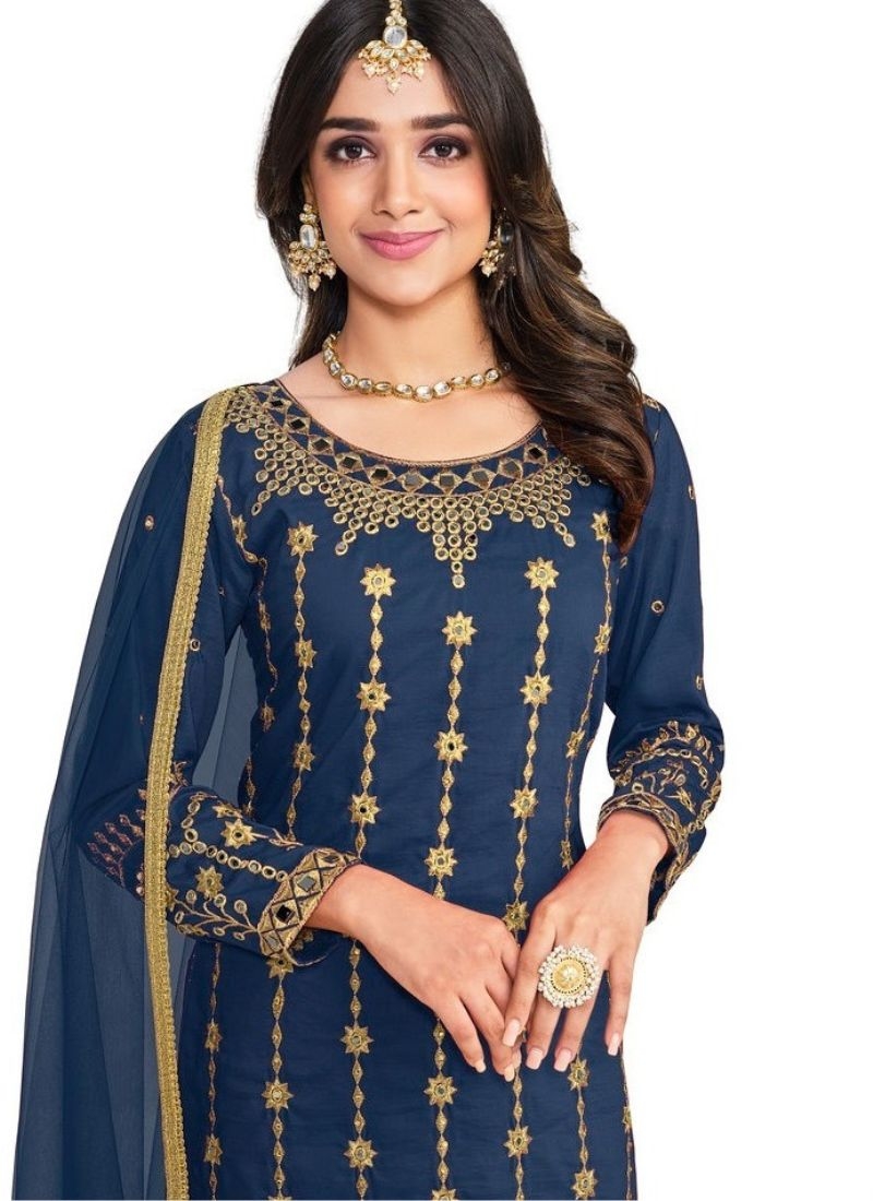 Beautiful italian soft silk kurta pant set with mirror embroidery work in dark blue