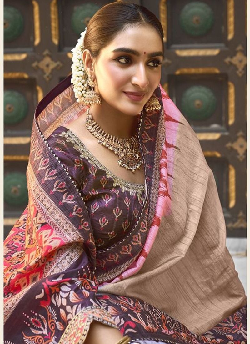 Stunning silk saree with gota embroidery in beige