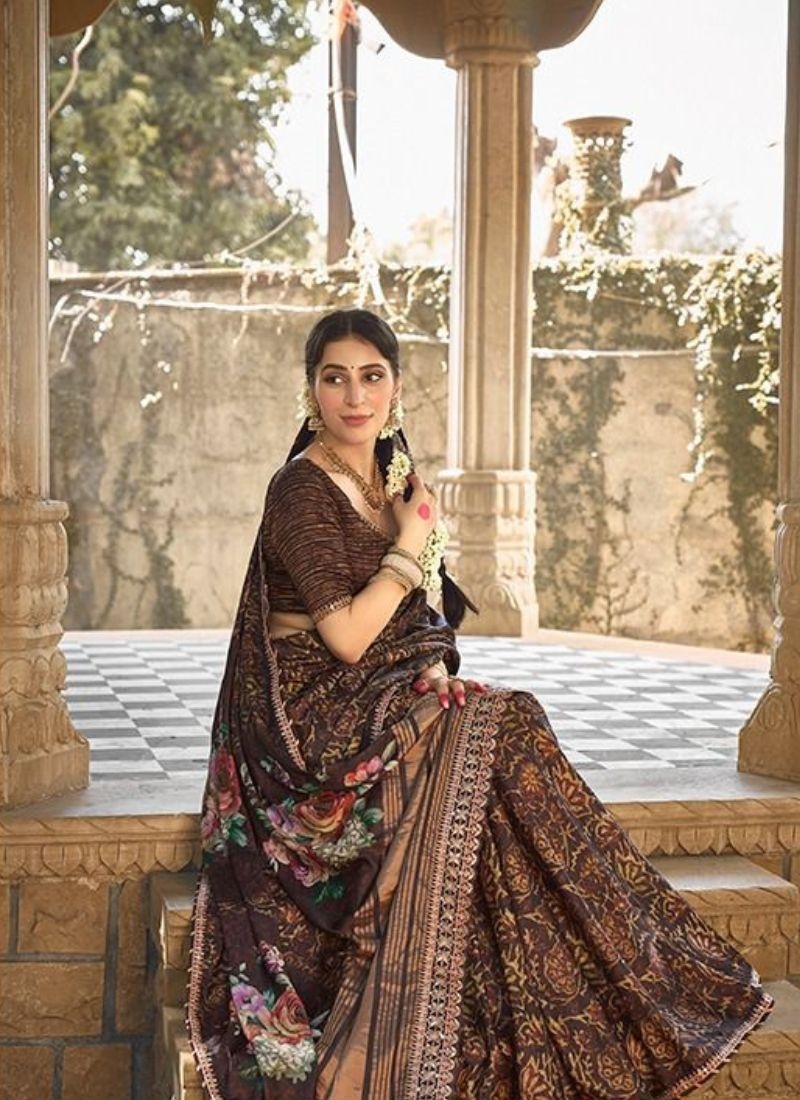 Stunning silk saree with gotta and minakari embroidery in brown