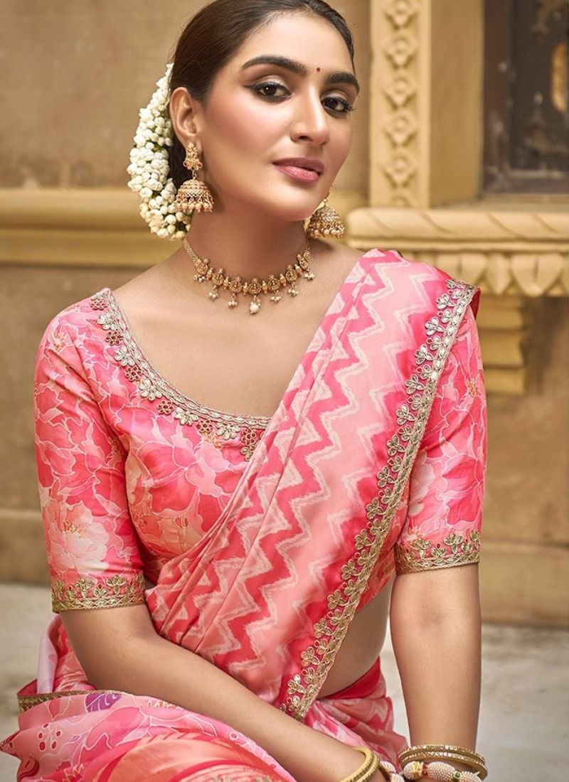 Stunning silk saree with foil and moti work embroidery in pink