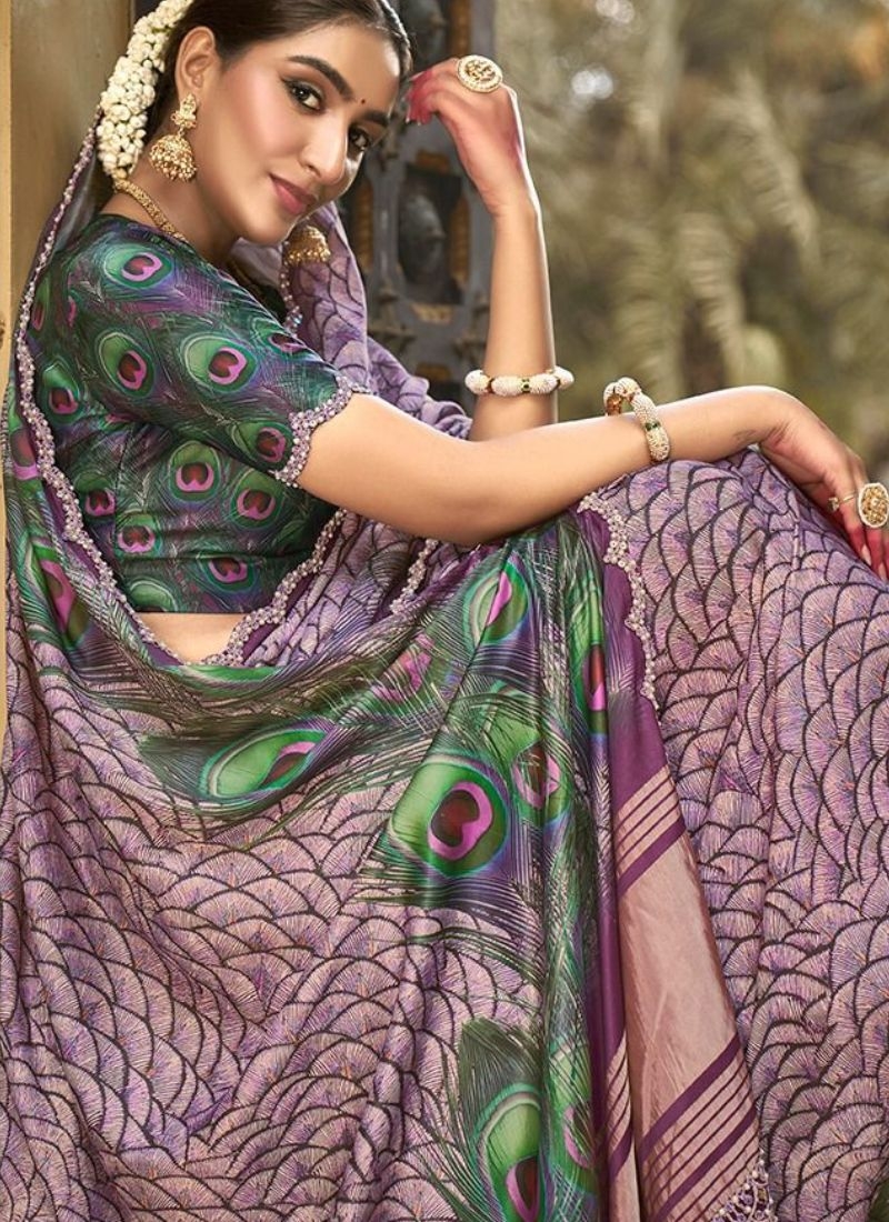 Stunning silk saree with diamond handwork embroidery in dark violet