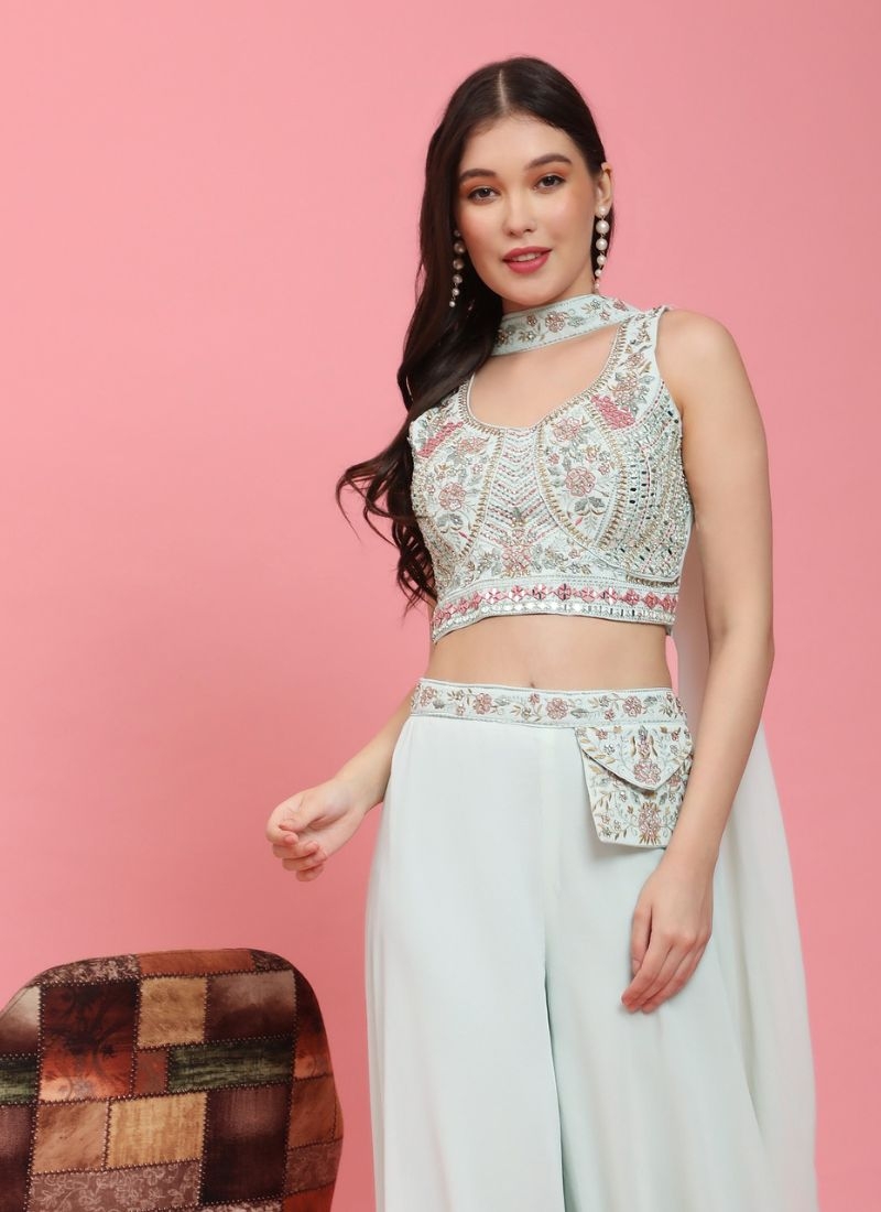 Premium georgette crop top palazzo set with heavy mirror embroidery in white