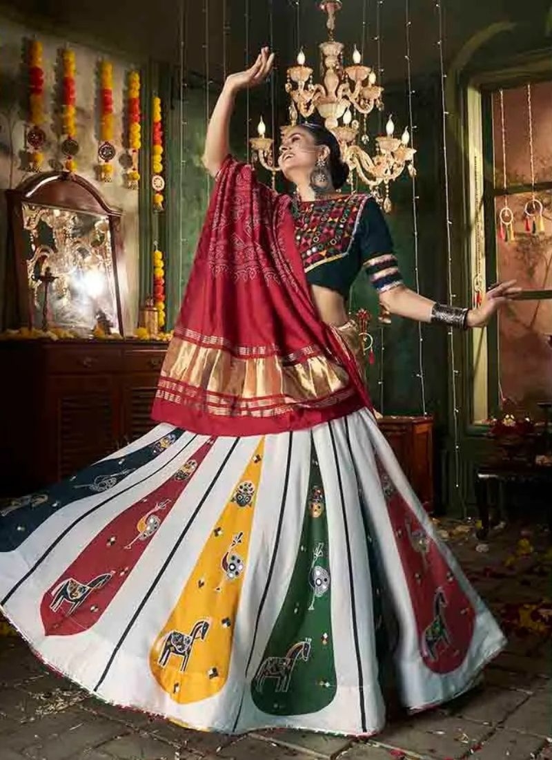 Navratri special cotton lehenga with printed blouse in white