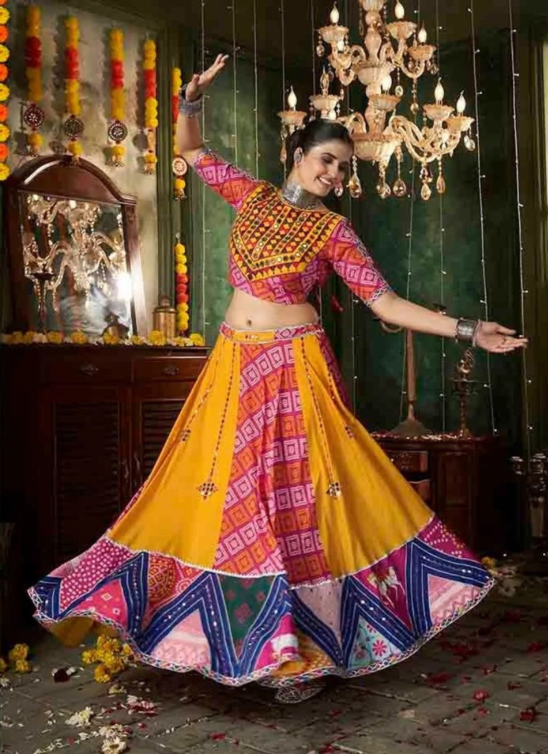 Navratri special cotton lehenga with printed blouse in yellow