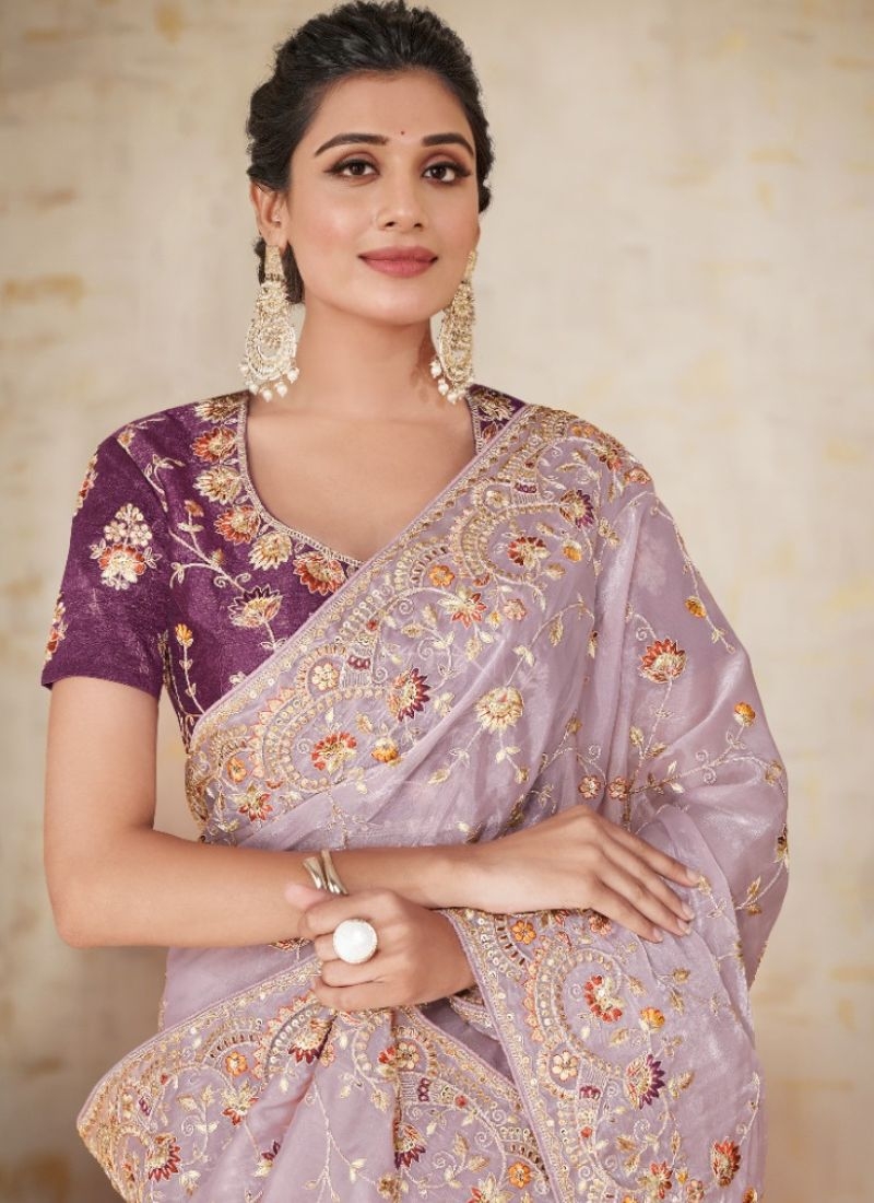 Premium satin silk saree with floral embroidery light purple