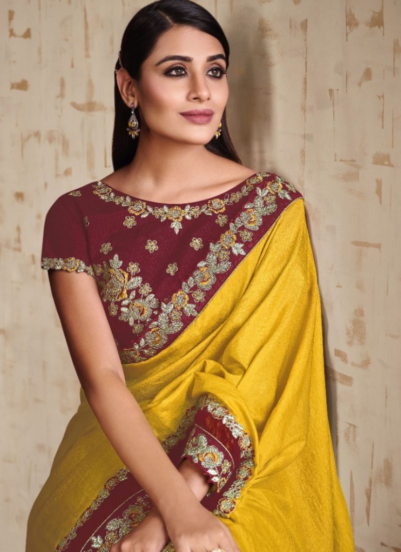 Premium tusser silk saree with cut-work detailing in yellow