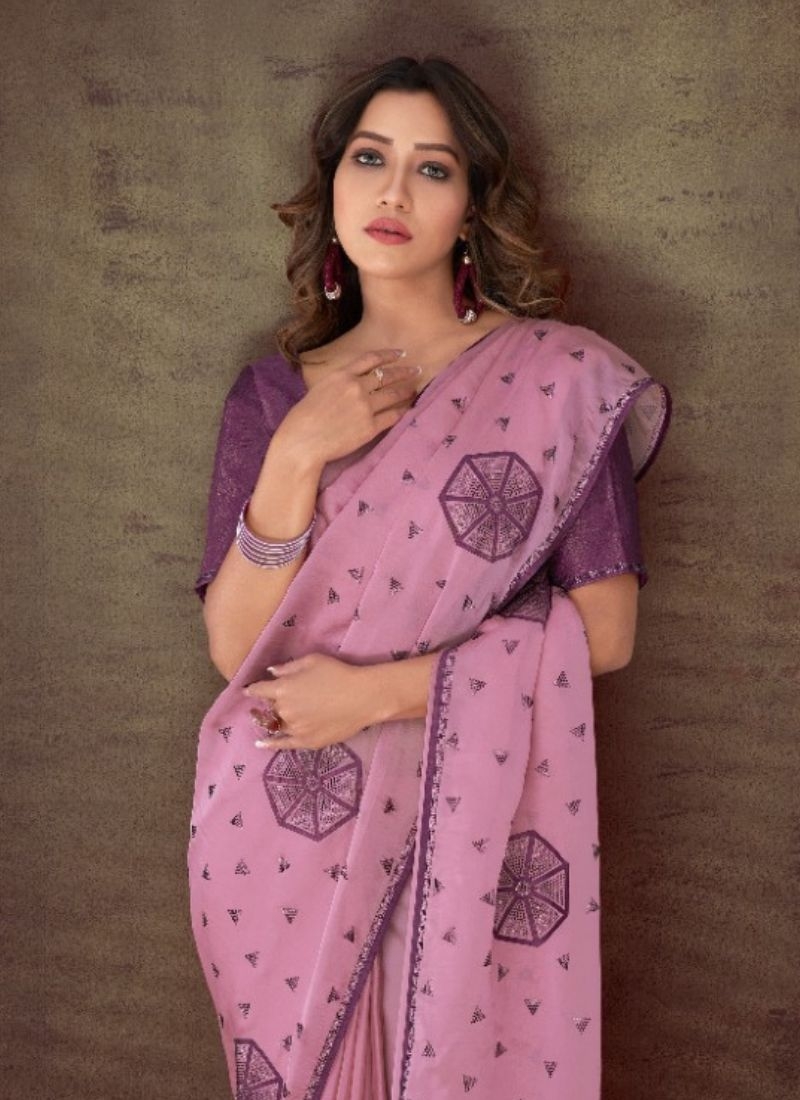 Premium zari work saree with stone work embroidery in pink