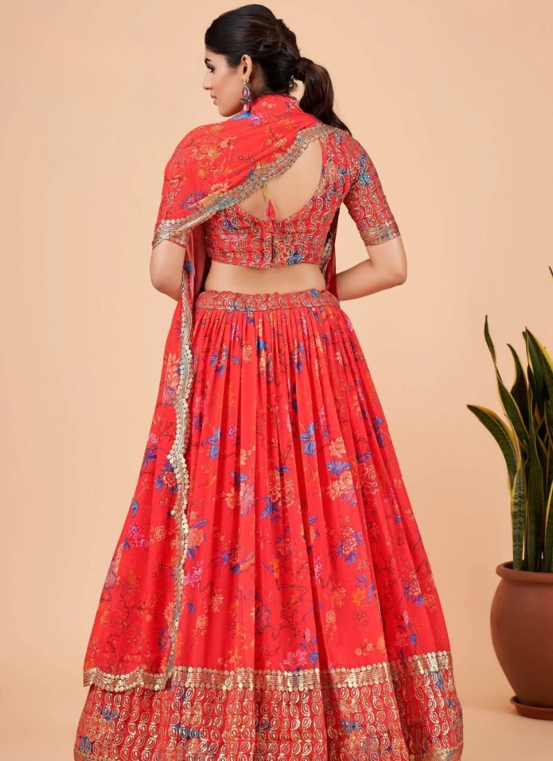 Stunning faux georgette lehanga with zari embroidery in red