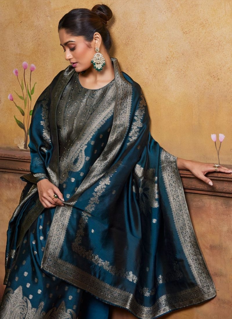 Stunning banglory silk kurta pant suit with jacquard printing dark blue