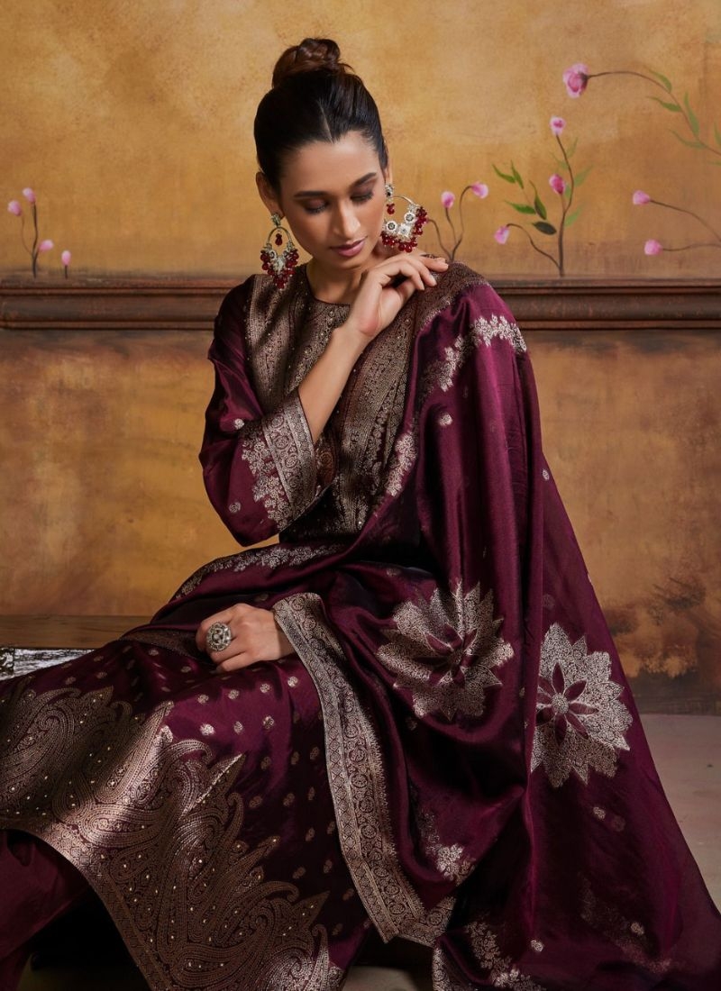 Stunning banglory silk kurta pant suit with jacquard printing wine