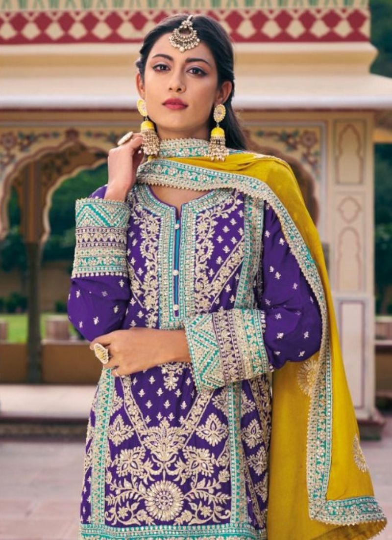 Beautiful embroidered kurta palazzo set in purple