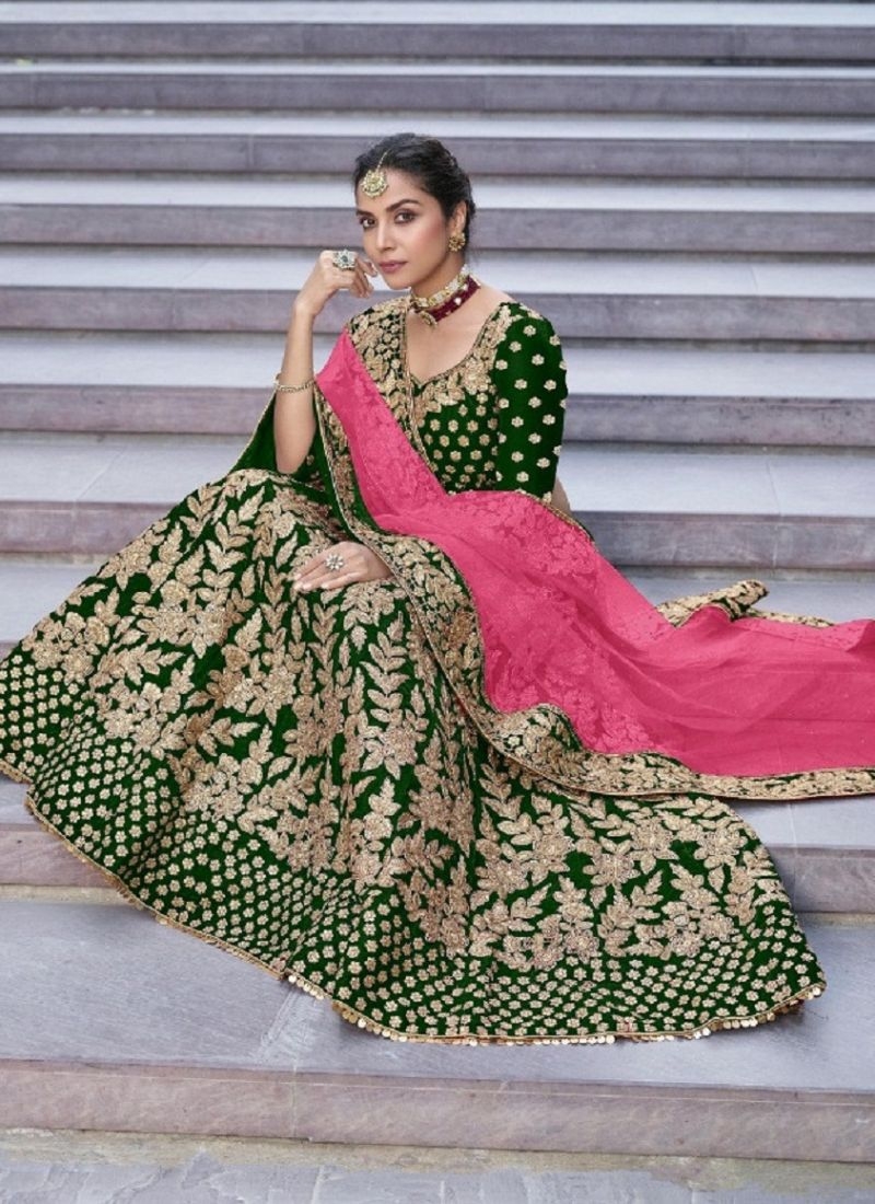 Beautiful velvet lehenga with embroidered dupatta in light green