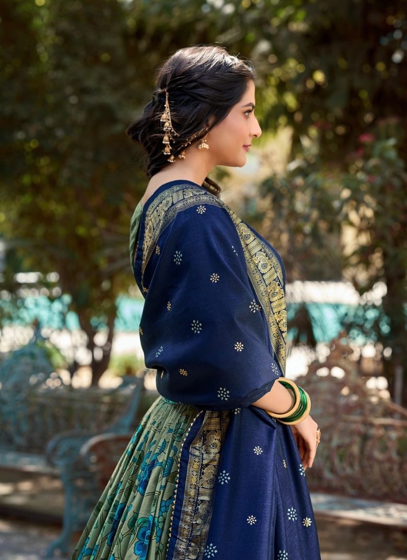 Exquisite Kalamkari Tussar Silk Lehenga Choli Set in dark blue