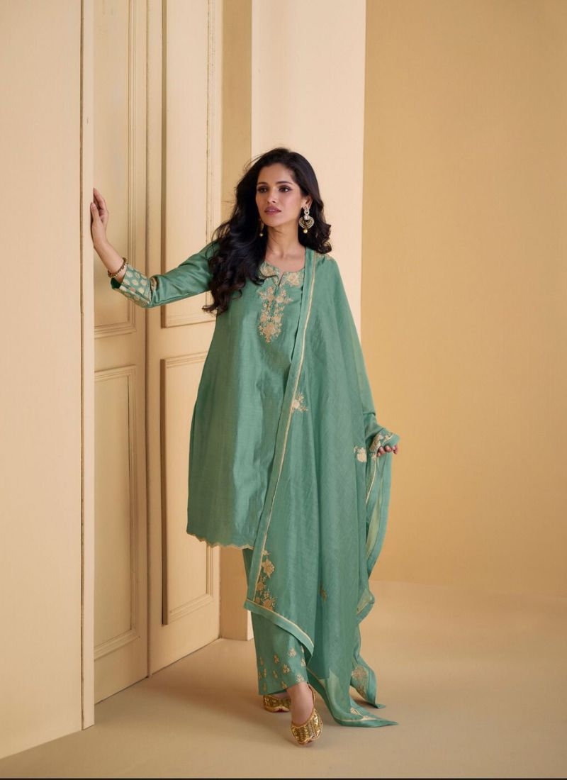 Beautiful casual wear palazzo suit with embroidered dupatta in green