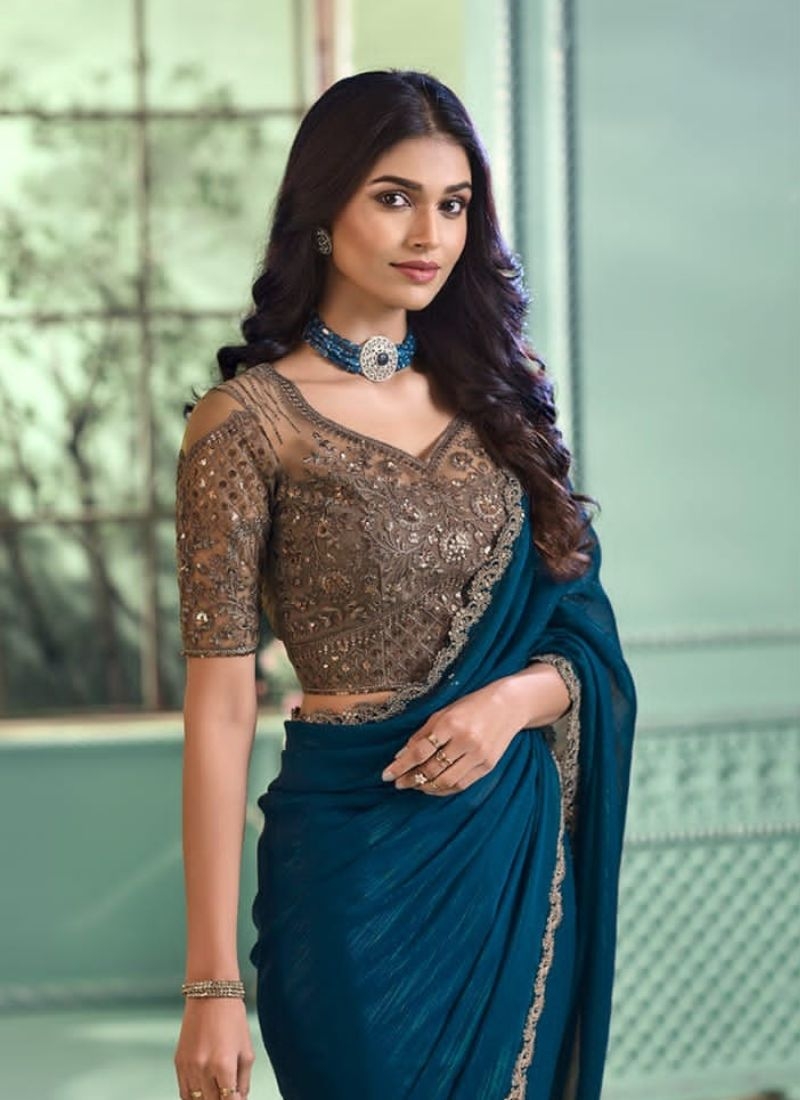 Premium designer saree with beautiful blouse in blue