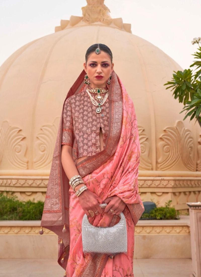 Simple silk saree with floral printing in peach