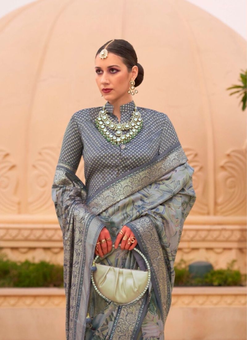 Simple silk saree with floral printing in grey